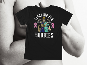 Fighting For Boobies - White Letters (2 Ribbons on Outside) - back of tee