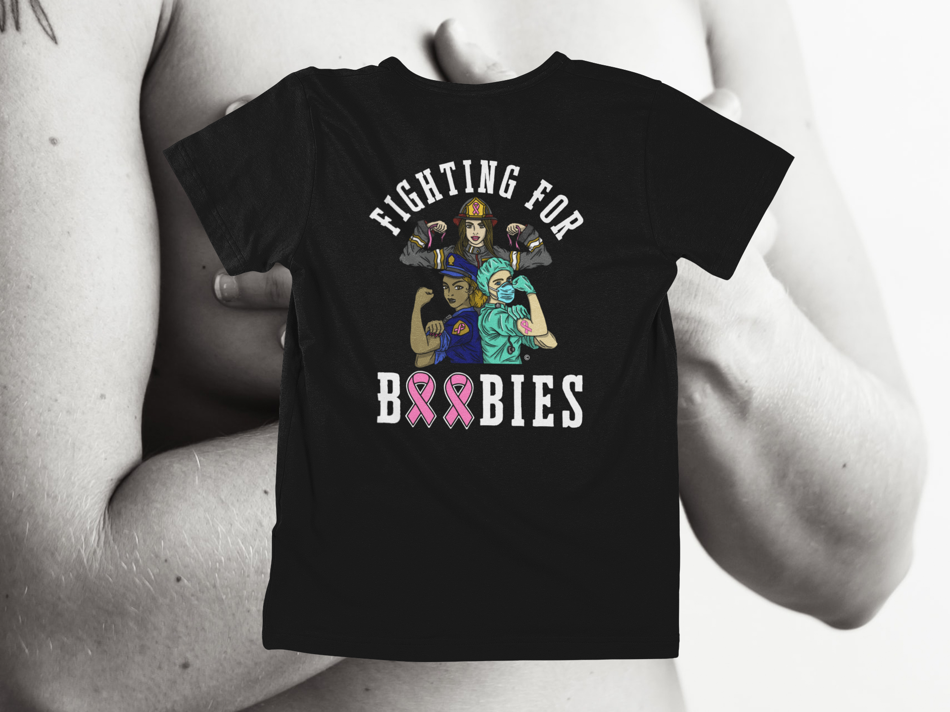 Fighting For Boobies - White Letters (2 Ribbons as O's) - back of tee