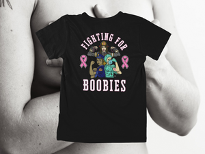 Fighting For Boobies - White With Pink Letters (2 Ribbons on Outside) - back of tee