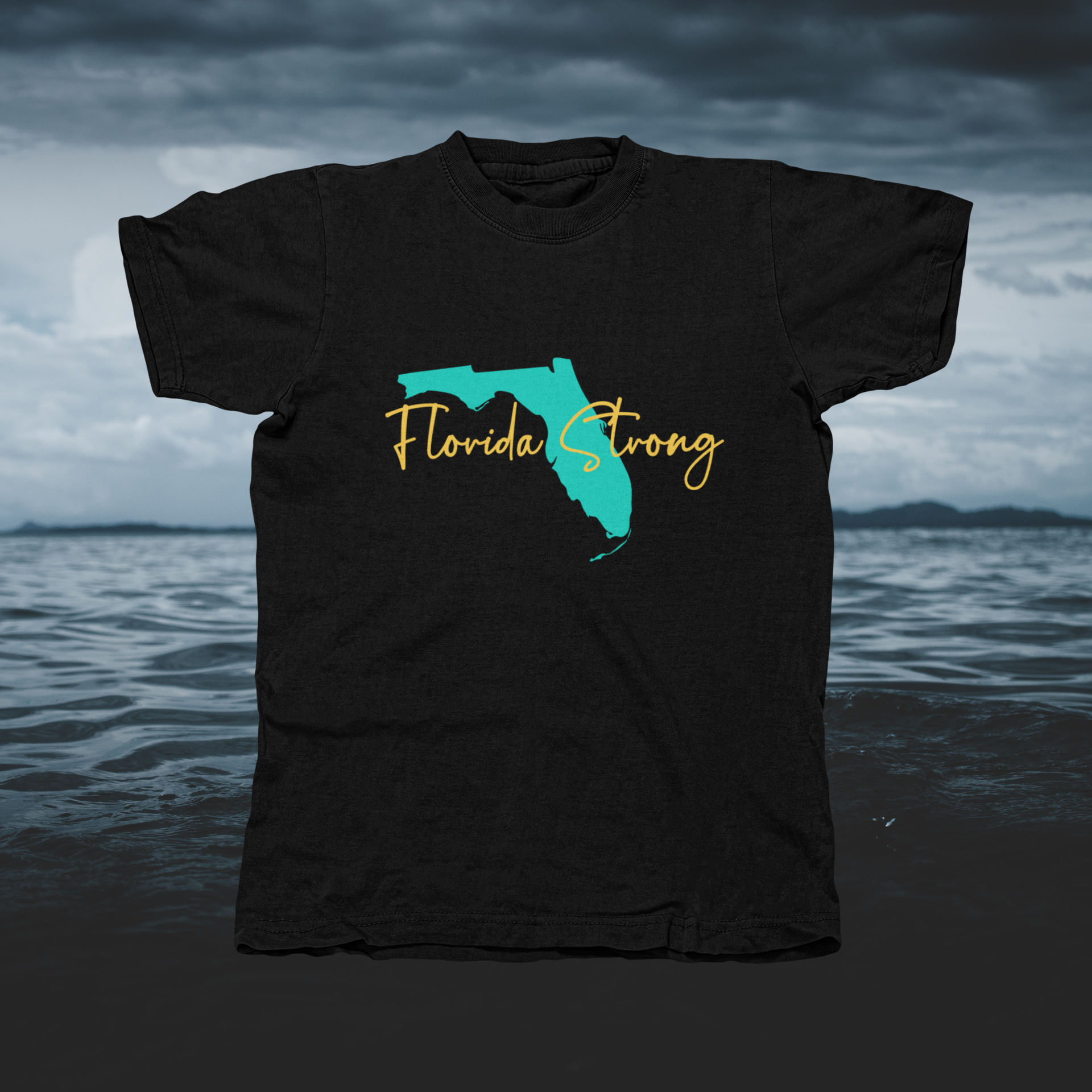 Florida Strong Turquoise FL With Gold Letters - front of tee