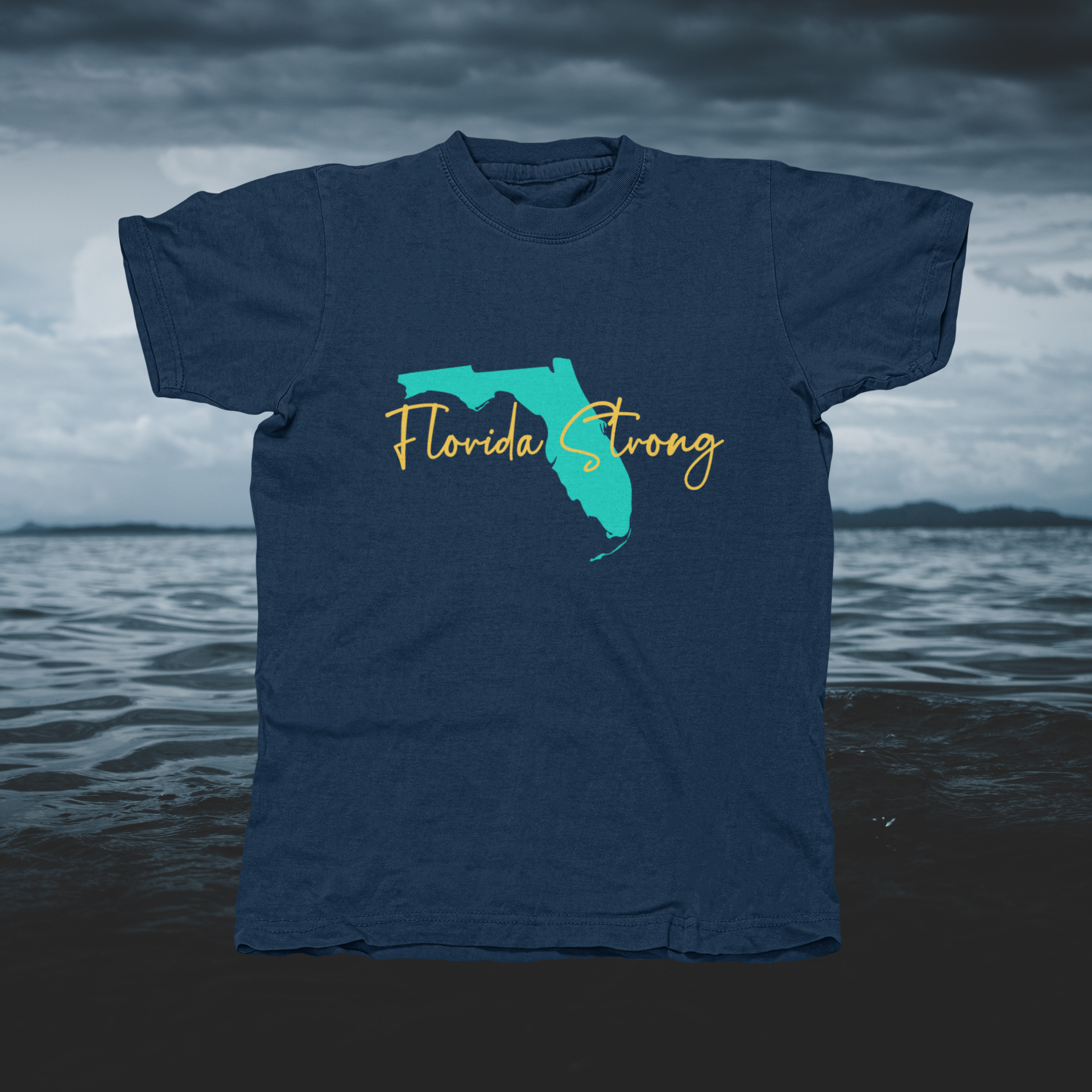 Florida Strong Turquoise FL With Gold Letters - front of tee