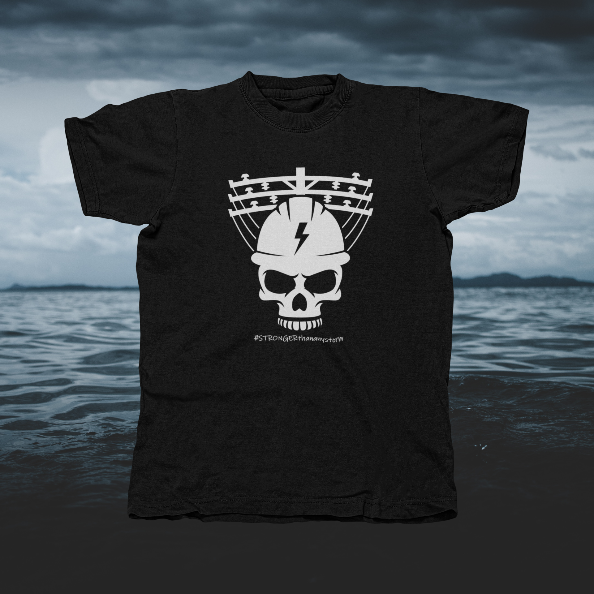 Light Gray Skull Lineman/Linewoman #STRONGERthananystorm - front of tee