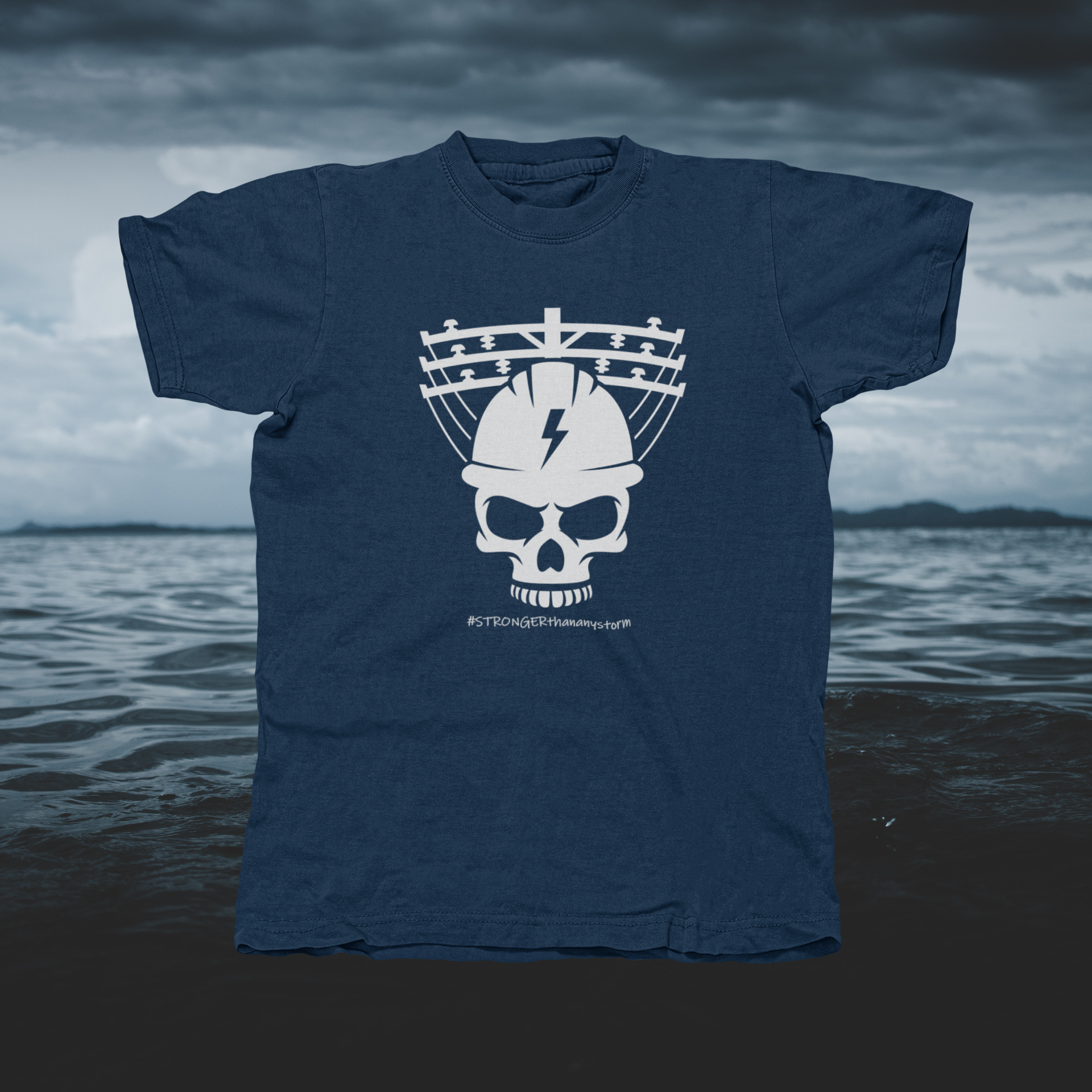 Light Gray Skull Lineman/Linewoman #STRONGERthananystorm - front of tee