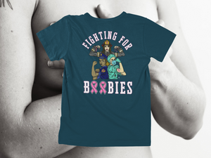 Fighting For Boobies - White With Pink Letters (2 Ribbons as O's) - back of tee