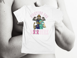 Fighting For Boobies - White With Pink Letters (2 Ribbons as O's) - back of tee