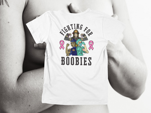 Fighting For Boobies - Black Letters (2 Ribbons on Outside) - back of tee