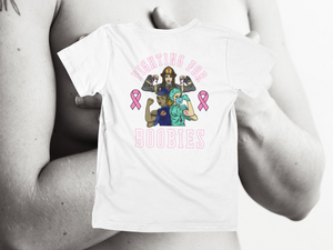 Fighting For Boobies - White With Pink Letters (2 Ribbons on Outside) - back of tee